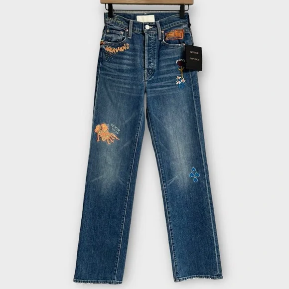 NWT MOTHER The Rambler Sneak Embroidered Straight Leg Jeans Bohemian Boho 24